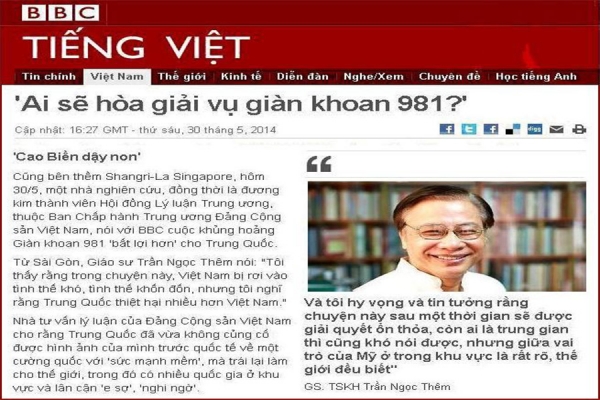 GS.TSKH. Trần Ngọc Thêm trả lời PV BBC về vụ giàn khoan HD-981